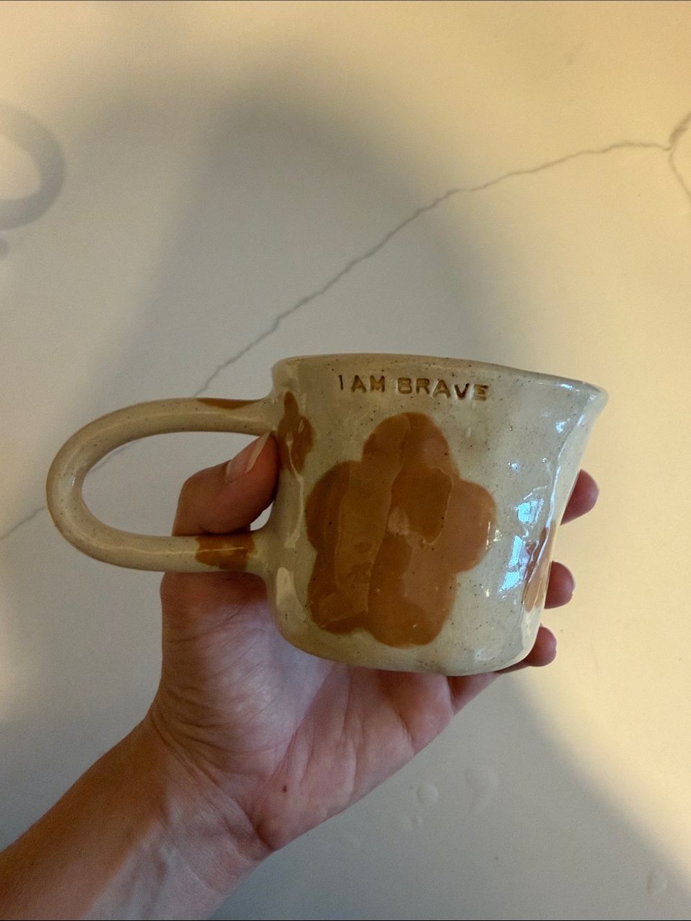 Handmade Ceramic 'I AM BRAVE' Beige and Brown Accent Mug